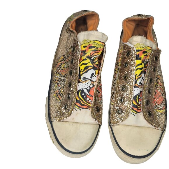 Ed Hardy vintage Women's Gold Snake Print Tiger Slip-On Shoe sneakers Size 8 US - Picture 5 of 10